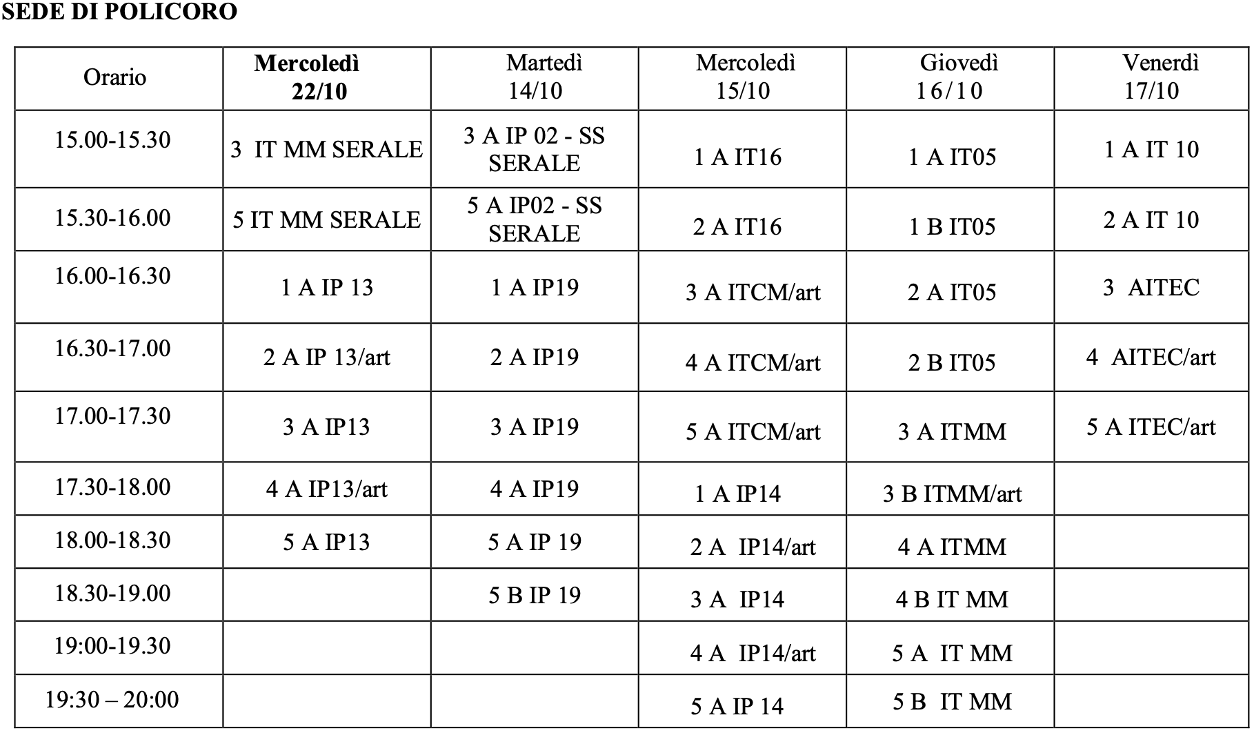 calendario sede Policoro
